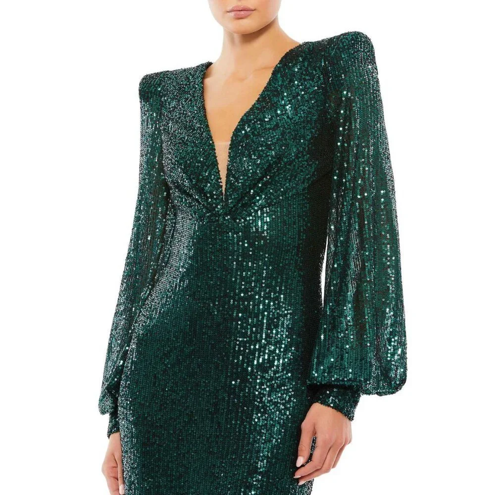 NWT Mac Duggal Sequined Structured Bishop Sleeve Midi Dress Black Emerald #8480